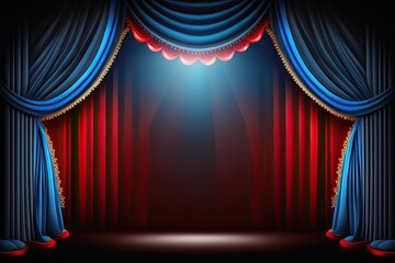 Canvas Print - In the theater, the backdrop is blue curtains and there are spotlights on stage. Generative AI