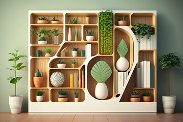 Sticker - Wooden bookshelf, vertical garden storage shelving, eco friendly white interior design, room backdrop. Generative AI