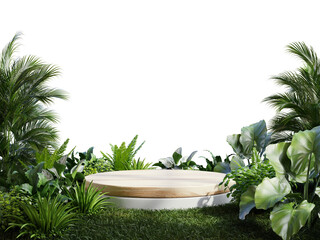 wood podium in meadow for product presentation and on transparent background.