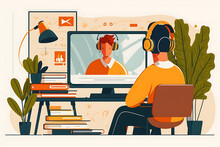 Flat Vector Illustration Male Student Wearing Headset, Conference Video Call, Webinar, Online Training Session, Virtual Chat Session With Remote Teacher Or Coach, Distance Learning On Computer, Attend