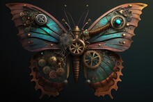 Steampunk Butterfly, Concept Of Vintage Futurism And Industrial Aesthetics, Created With Generative AI Technology