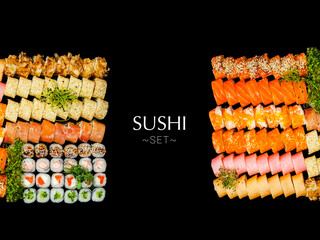 Wall Mural - A lot of Japanese sushi roll pieces isolated on black background. Large set with salmon, tuna, shrimp, avocado, cucumber with micro greens on top. Ready banner concept with text, copy space