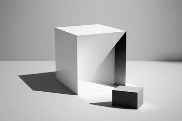 Wall Mural - Overlay mockup with a realistic, geometric abstract background. Sunlight and shadow play on a square, white, solid podium. The Void, the Backdrop, the Template, the Presentation, the Idea, the Cube