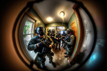 Swat Agents On The Threshold, Concept Of Surveillance And Breach, Created With Generative AI Technology