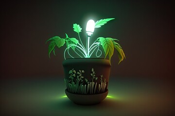 Canvas Print - LED grow light illuminating a cannabis seedling in a flower pot. Generative AI