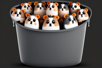 Poster - A bunch of grey and orange hamsters are standing in a black plastic bucket, ready to eat. Some of the hamsters are blurry, but the mouse face and mustache are in sharp focus. Generative AI