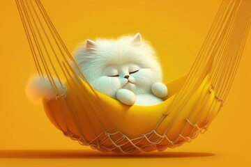 Poster - Fluffy white cat in yellow hammock against yellow background. Generative AI