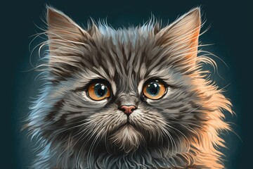 Sticker - Artwork of a fluffy kitten with enormous eyes. A chaste appearance; an innocent appearance. Furs that look real and eyes that look like cartoons. The subject is seen head on against a solid color back