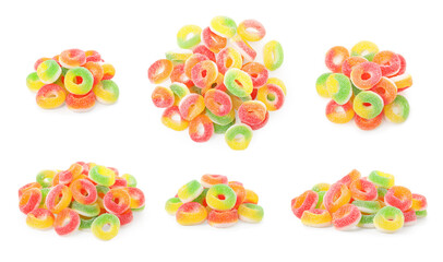 Wall Mural - Collage with gummy rings on white background. Jelly candies