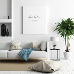 Wall Mural - large white blank canvas without frame hanging on the wall of modern light interior, generative AI