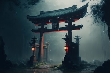 Ancient Fantasy Torii Gate in the Rain, Concept Art, Digital Illustration, Generative AI