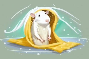 White pet rat drying off in a yellow bath towel. Generative AI