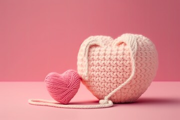 Canvas Print - A pink amigurumi heart crocheted from a contrasting yarn and set against a pink background. A copyspace equipped Valentine's Day banner. Generative AI