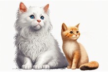 Pictures Of A Fluffy White Kitten And A Mutt On A White Background. Generative AI
