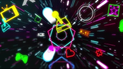 Wall Mural - Animation of video game and digital icons data processing over light trails