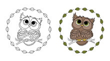 Coloring Page Outline Of Cartoon Cute Little Owl On A Branch With Leaves. Coloring Book For Kids	