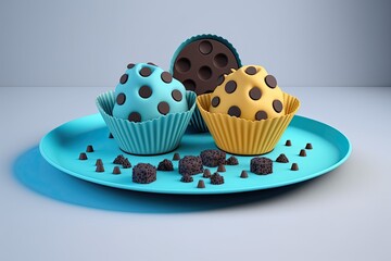 Sticker - Muffins with chocolate chips on a dish against a pale gray backdrop. perspective from on high. Generative AI