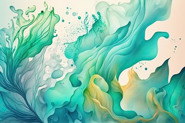 Wall Mural - Background, banner painted in watercolor to evoke a liquid fluid texture in pastel tones of blue and green. Generative AI