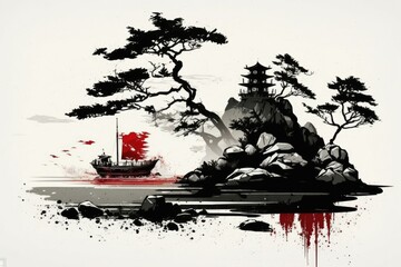 Wall Mural - Coastal landscape depicted in a minimalist ink wash painting, complete with fishing boats. The ancient art of sumi e in Japan. Generative AI