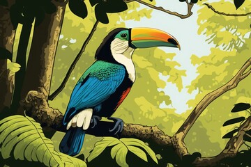 Canvas Print - A toucan perches on a limb in a lush Costa Rican forest. Discovering Central America's natural beauty. Ramphastos sulfuratus, sometimes known as the keel billed toucan, is a large bird. Central Americ