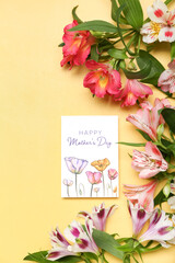 Canvas Print - Card with text HAPPY MOTHER'S DAY and beautiful alstroemeria flowers on color background