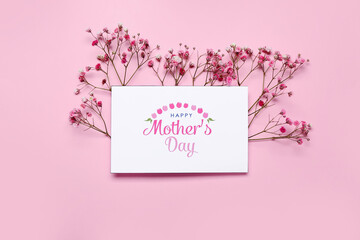 Canvas Print - Card with text HAPPY MOTHER'S DAY and gypsophila flowers on pink background