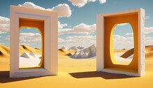 4K Resolution Or Higher, Surreal Desert Landscape With White Clouds Going Into The Yellow Square Portals On Sunny Day. Generative AI Technology