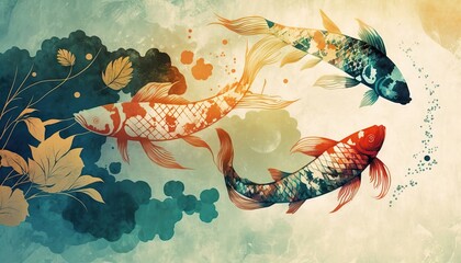 Wall Mural - 4K resolution or higher, koi fish decorate in water color texture. Generative AI Technology