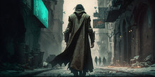 Dark Gritty, Post Apocalyptic Western, A Gunslinger In A Worn Malachite Trench Coat Walks A Deserted Street, Cybernetic Arm, Wallpaper, Illustration Of A Person In A Background, Generative AI