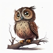 Cute Cartoon Owl Sits On Tree Branch Isolated With White Background Generative AI