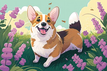 Poster - Purebred dog that is joyful and energetic Outdoors on a lovely summer day, a Welsh Corgi dog plays among the blossoms. Generative AI