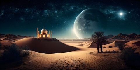 A mosque in the desert with Moon night view, Islamic Background of ramadhan, generative ai