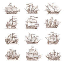 Sail Ship, Sailboat Or Brigantine Sketch, Vector Pirate Frigate Icons. Marine Sail Ships In Vintage Sketch Or Pencil Hatching, Retro Sailboats On Sea Or Ocean Waves With Flags Of Caribbean Adventure