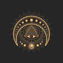 Crescent, Eye Of Providence, Egyptian Pyramid, Moon, Stars And Sun Esoteric Occult Symbols, Vector Magic Tarot Designation Masonic Or Illuminati Spiritual Symbolic, Occultism Sign, Pagan Amulet