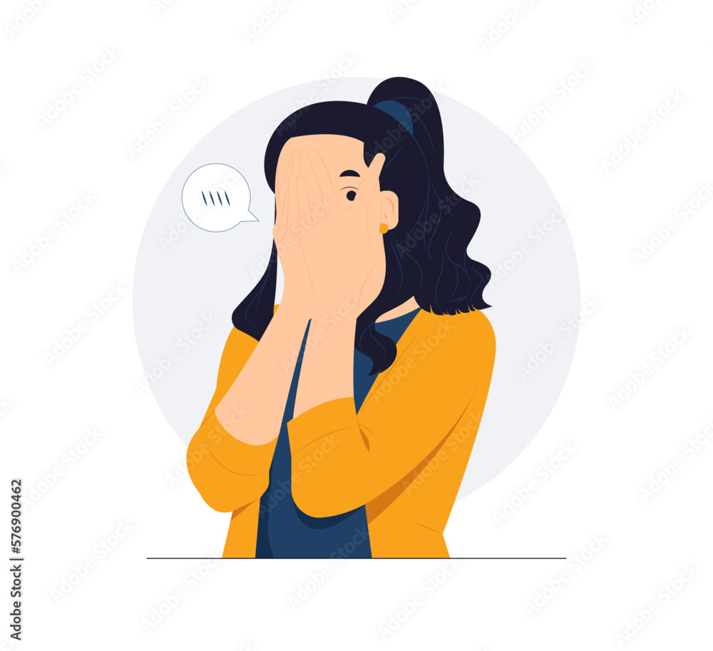 Timid shy woman hiding behind her shirt covering face with hand and ...