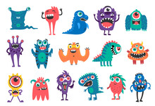 Cartoon Monster Characters, Funny Creatures Or Bizarre Alien Animals, Vector Cheerful Personages. Cute Cartoon Happy Monsters, Trolls And Yeti Bigfoot For Kids, Dragon And Big Eye Cyclops With Gremlin