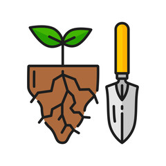 Wall Mural - Gardening and farming agriculture, agronomy color line icon. Sapling cultivation thin line vector icon with sprout in soil and gardening scoop. Plant or seed grow, farming outline pictogram