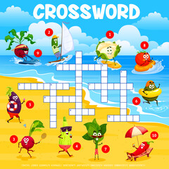 Sticker - Crossword grid. Cartoon vegetable characters on summer beach. Quiz game for kids with vector cauliflower, cucumber, radish, zucchini, eggplant, avocado, spinach, tomato, beet and chili personages