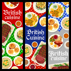 Sticker - British cuisine restaurant food banners. Fish and chips, scones with jam and clotted cream, oatmeal with fruits, shepherds pie and roast beef, full English breakfast with eggs, bacon and salad, coffee