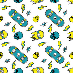 Poster - skateboarding seamless pattern. skate background. vector illustration. pattern design with skate board, skull, lightning