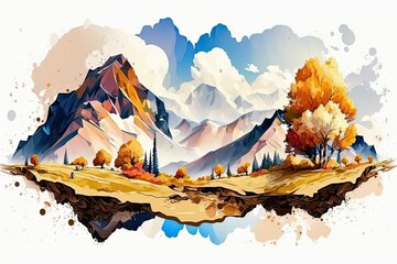 Wall Mural - View of the terrain in autumn. Imagination in watercolor. Generative AI