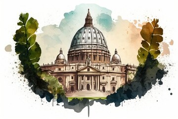 Wall Mural - View of the Vatican from a watercolour sketch. Generative AI