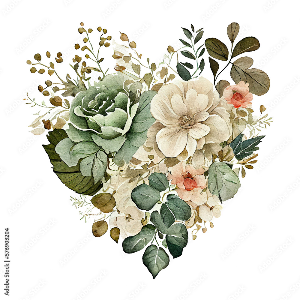 Ilustración de Stock heart shaped Sage Green and Ivory Flowers bouquet,  Romantic heart vignette made of vintage flowers and leaves, Sage Green and  Ivory Flowers in gentle retro style watercolor painting, PNG, image size:1000x1000