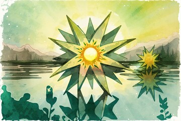 Wall Mural - Watercolor depiction of a sunrise mirrored in a lake's still waters. Generative AI