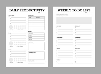  Daily Productivity and weekly planner template. Set of planner and to do list. Modern planner template set. Vector illustration.