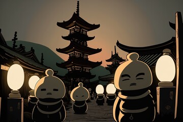 Sticker - Dusk in Zenkoji Temple, Nagano, Japan, with bronze Roku Jizo Buddha sculptures. When translated from Japanese, Jizo refers to a guardian deity who is credited with saving souls across the six spheres