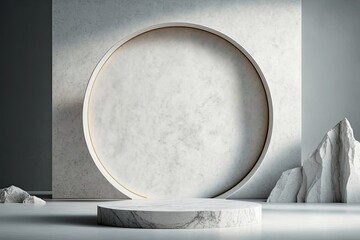 Poster - Circle and White Marble Table Useful for Cosmetic Product Presentation Backdrop, Display, and Mock up; Marble Partition with Nature Shadow on Brave Ground Brown Concrete Wall Texture Background