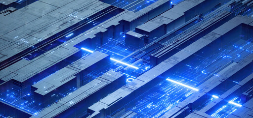 3D rendering of cyberpunk AI. Circuit board. Technology background. Central Computer Processors CPU and GPU concept. Motherboard digital chip. Tech science background.