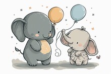 An Illustration Of A Baby Elephant And Bunny, Both Cute As Can Be, Floating With Balloons. Generative AI