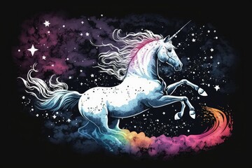 Wall Mural - one white magical unicorn stallion ride across a galaxy of aurora nebula and stars in mystic unicorn